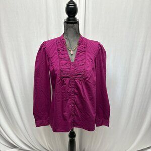 East 5th Blouse Womens Size Large Fuchsia Button-Down Long Sleeve V-Neck Top